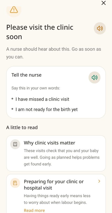 Screen guiding a user to visit the clinic soon, with exact words to say to a nurse