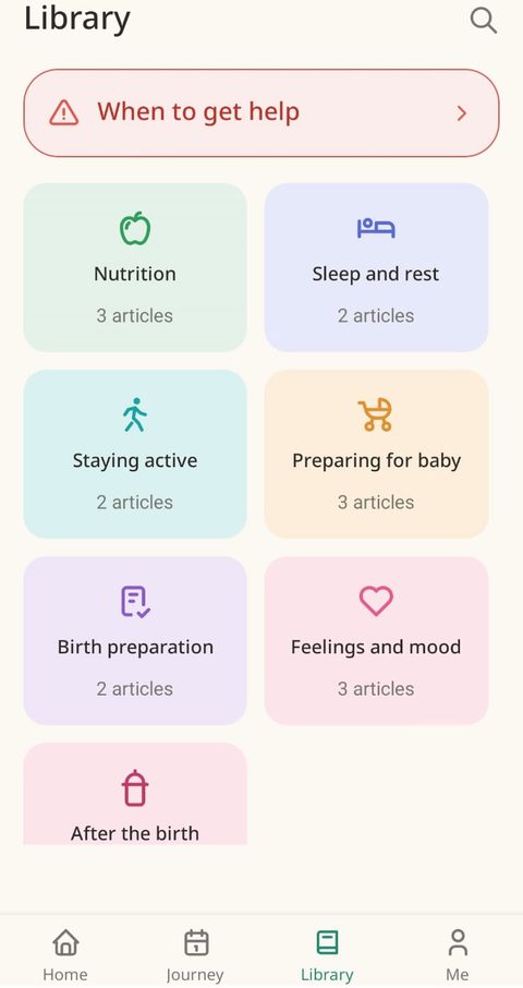 Content library screen organised into topics like nutrition, sleep, birth preparation, and feelings and mood