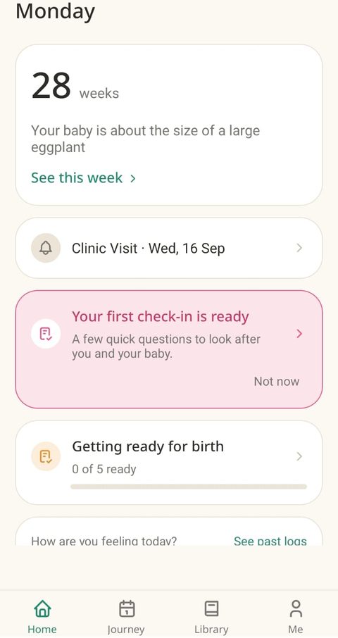 Mamawise home screen showing week 28 progress, an upcoming clinic visit reminder, and a ready check-in
