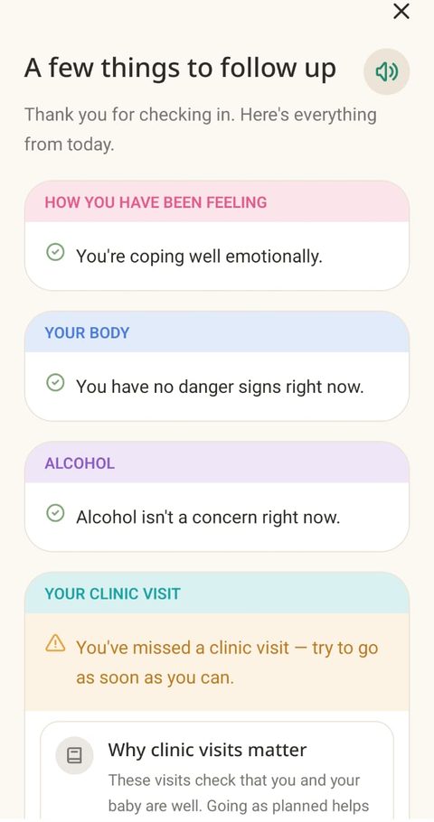 Check-in results screen showing plain-language summaries for mood, danger signs, and alcohol use